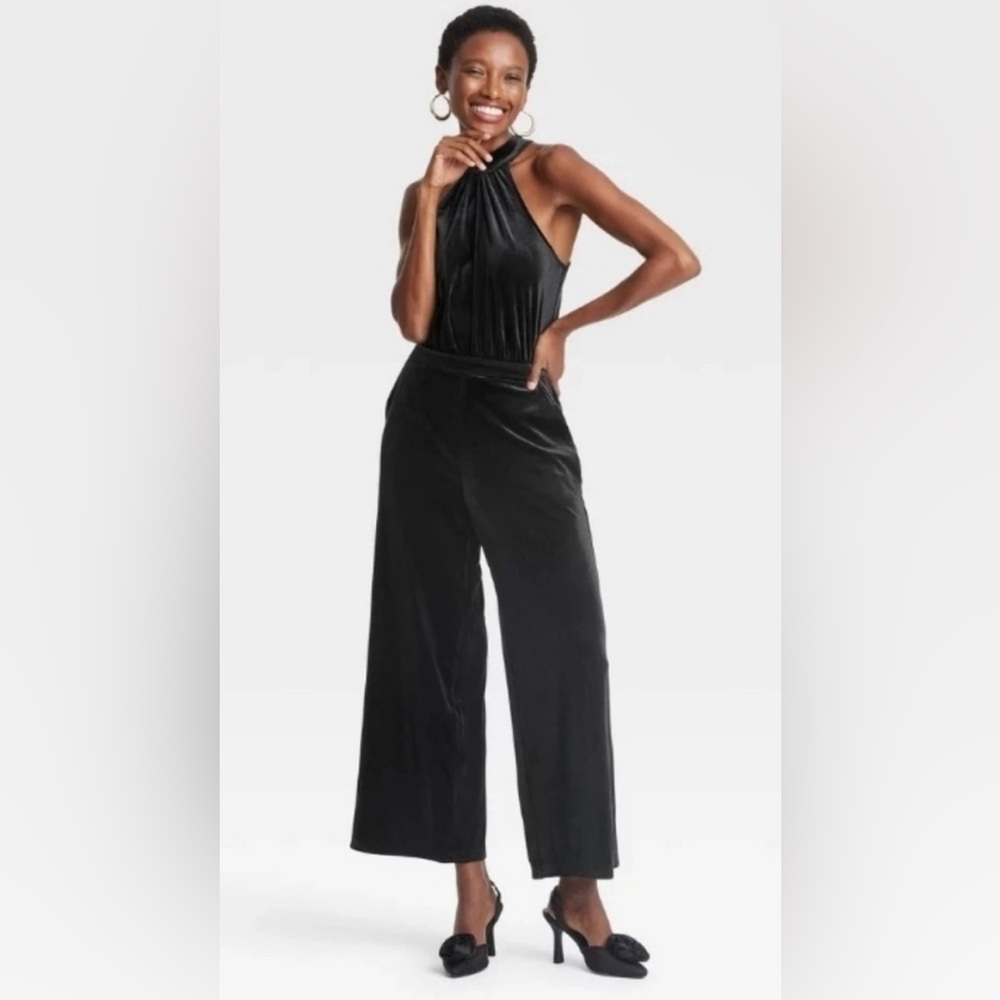 A New Day Women's Velvet Jumpsuit Halter Neckline With Side Pocket Size M